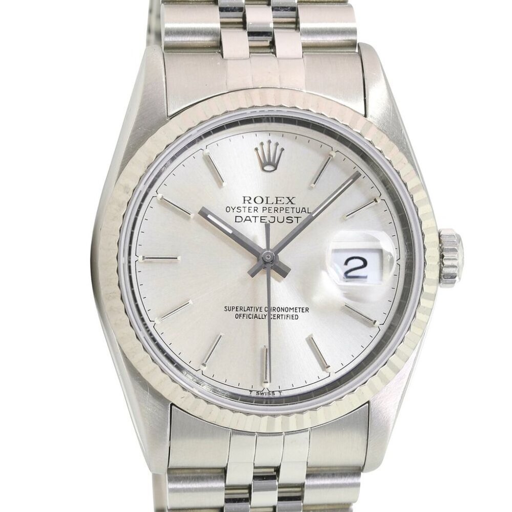 ROLEX DATEJUST SILVER INDEX ROMAN DIAL 18K WHITE GOLD FLUTED JUBILEE WATCH 16014